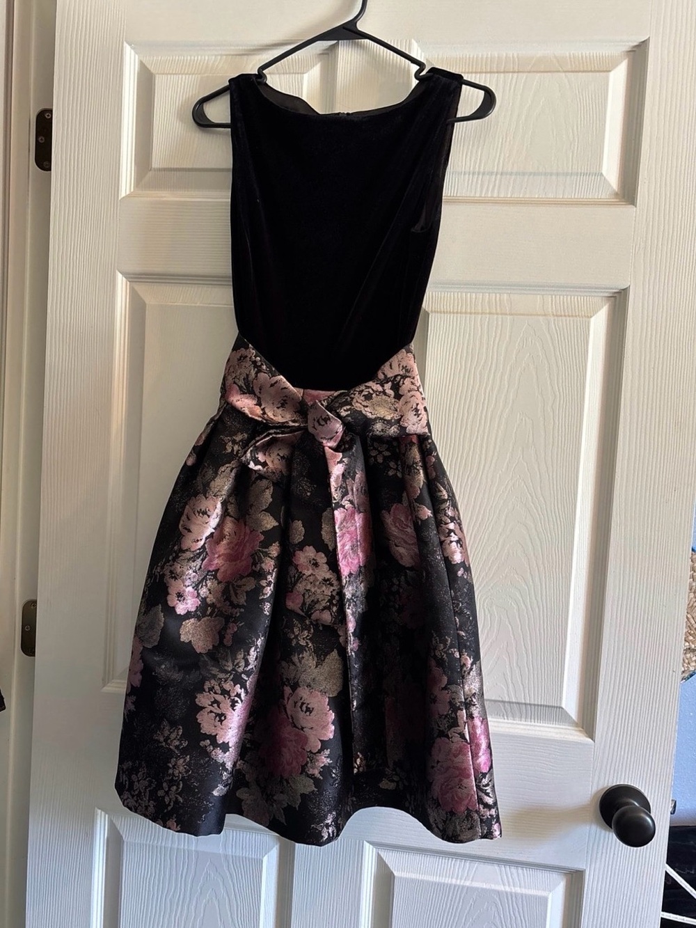 Black & Pink Floral Fit-and-Flare Dress with Bow Waist